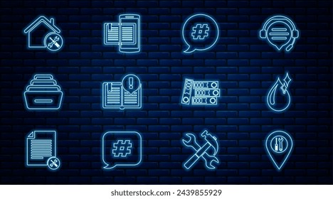 Servicio de ubicación de la línea, gota de agua limpia, burbuja de discurso de etiqueta, hechos interesantes, cajón con documentos, casa, carpetas de oficina y teléfono inteligente y libro icono. Vector