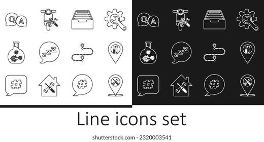 Set line Location service, Drawer with documents, Speech bubble snoring, Test tube virus, Question and Answer, Route location and Scooter icon. Vector