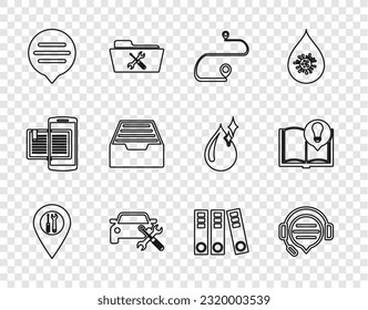 Set line Location service, Headphones with speech bubble chat, Route location, Car, Speech, Drawer documents, Office folders and Interesting facts icon. Vector