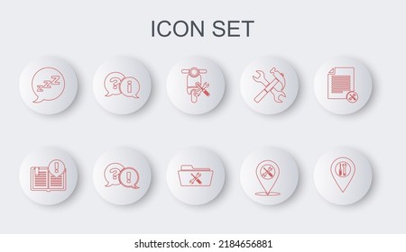Set line Location service, Interesting facts, Scooter, Speech bubble with snoring, Question and Exclamation,  and Folder icon. Vector
