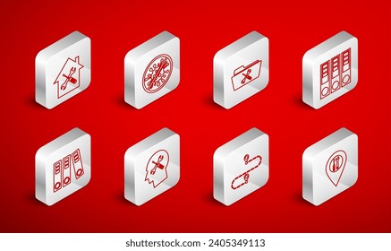 Set line Location service, Stop virus, bacteria, Folder, Office folders, Route location, House, Human head and  icon. Vector