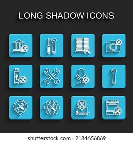 Set line Location service, Wrench and screwdriver in gear, Bank building, Toaster, Oven, Crossed wrenchs,  and Microphone icon. Vector