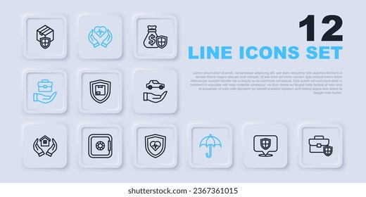 Set-Line-Location-Schild, Briefkasten mit, Liefersicherheit, Regenschirm, Hand-Halten-Briefkasten, Safe, Lebensversicherung und Icon. Vektorgrafik