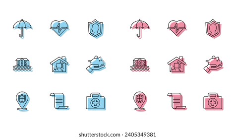 Set line Location shield, Document with, Umbrella, First aid kit, House, Piggy bank in hand, flood and Life insurance icon. Vector