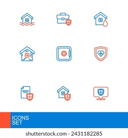 Set line Location shield, House with, Contract, Life insurance, Safe, flood and Briefcase icon. Vector