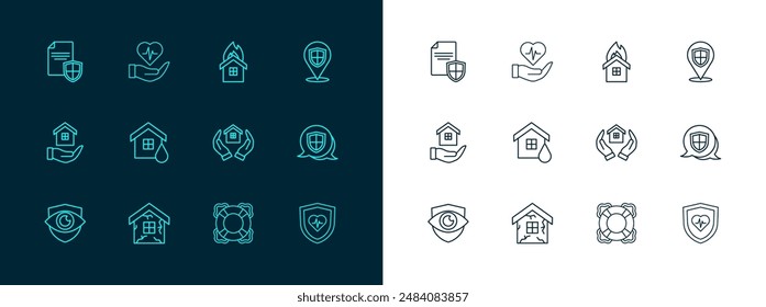 Set line Location shield, House, in hand, Lifebuoy, flood, Fire burning house, Contract with and insurance icon. Vector