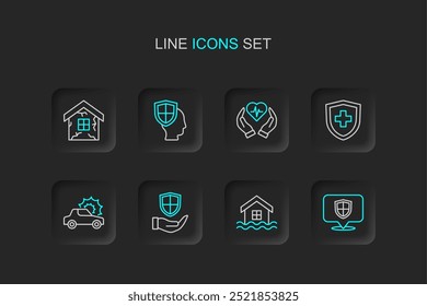 Set line Location shield, House flood, Shield in hand, Car insurance, Life with,  and  icon. Vector