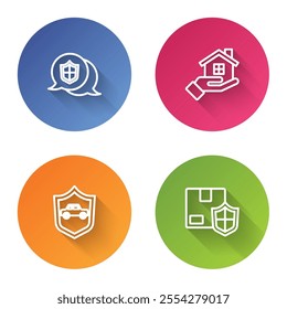 Set line Location shield, House in hand, Car with and Delivery security. Color circle button. Vector