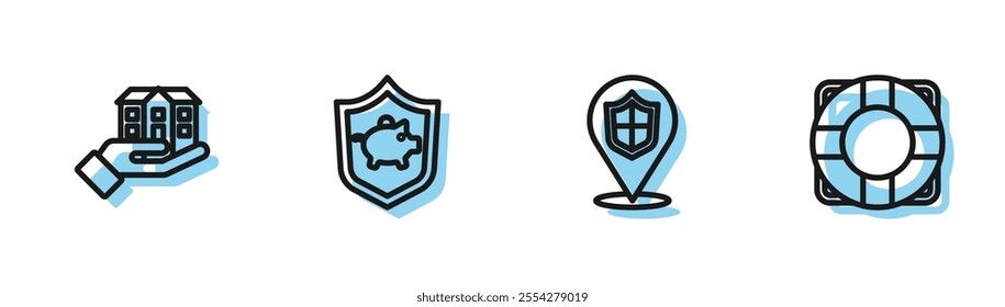 Set line Location shield, House in hand, Piggy bank with and Lifebuoy icon. Vector