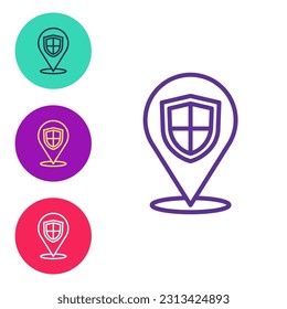 Set line Location shield icon isolated on white background. Insurance concept. Guard sign. Security, safety, protection, privacy concept. Set icons colorful. Vector