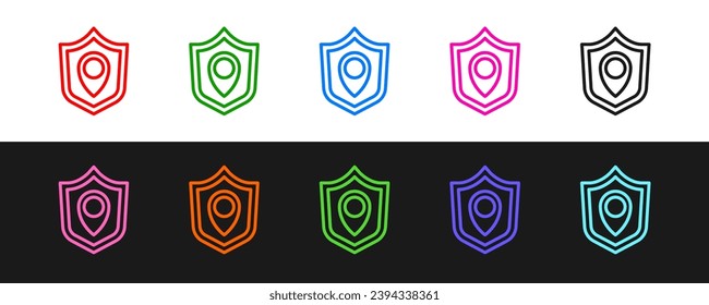 Legen Sie die Linie Location Schild Symbol einzeln auf schwarz-weißem Hintergrund fest. Versicherungskonzept. Schutzschild. Sicherheit, Sicherheit, Schutz, Datenschutz  Vektorgrafik