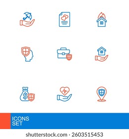 Set line Location shield, Life insurance in hand, Money bag with, House, Briefcase, Fire burning house and Marriage contract icon. Vector