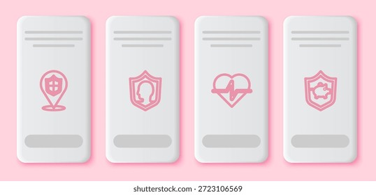 Set line Location shield, Life insurance with,  and Piggy bank. White rectangle button. Vector