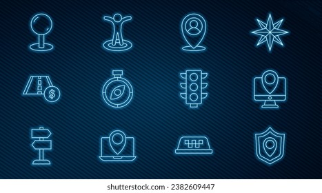 Set line Location shield, Monitor with location marker, person, Compass, Toll road traffic sign, Push pin, Traffic light and  icon. Vector