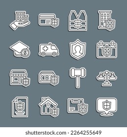 Set line Location shield, Scales of justice, Calendar with, Life jacket, Emergency car, Graduation cap and coin, House insurance and  icon. Vector