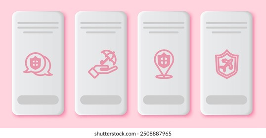 Establecer línea de escudo de Locación, paraguas en la mano, y plano con. Botón rectángulo blanco. Vector