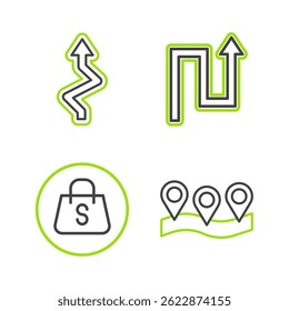 Lijn instellen Locatie, Winkeltas met Sale, Pijl en pictogram. vector