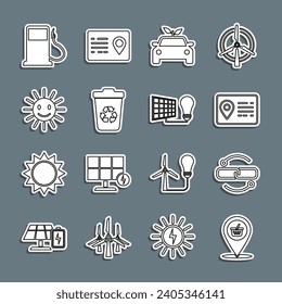 Set line Location shopping basket, Address book, Eco car concept drive, Recycle bin with recycle, Cute sun smile, Petrol or Gas station and Solar energy panel and light bulb icon. Vector