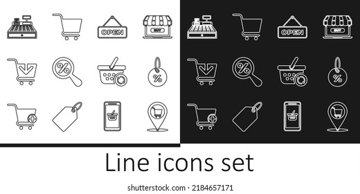 Set line Location shopping cart, Discount percent tag, Hanging sign with Open door, Magnifying glass, Add to Shopping, Cash register machine, Refresh basket and  icon. Vector