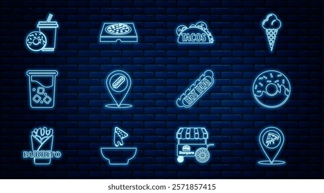 Set line Location with slice pizza, Donut, Taco tortilla, hotdog, Glass water, Soda drink donut, Hotdog sandwich and Pizza cardboard box icon. Vector