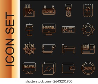 Set line Location with SOS, Action extreme camera, Sun, Sunscreen cream in tube, Online hotel booking, Road traffic sign, Suitcase and Airline ticket icon. Vector