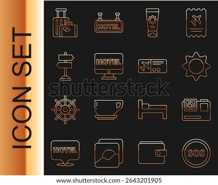 Set line Location with SOS, Action extreme camera, Sun, Sunscreen cream in tube, Online hotel booking, Road traffic sign, Suitcase and Airline ticket icon. Vector