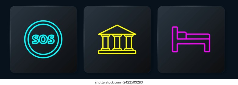 Set line Location with SOS, Bed and Museum building. Black square button. Vector