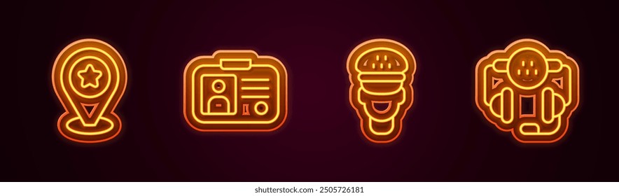 Set line Location with star, Taxi driver license,  and call telephone service. Glowing neon icon. Vector