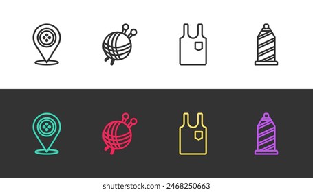 Set line Location tailor shop, Yarn ball with knitting needles, Sleeveless T-shirt and Sewing thread on black and white. Vector