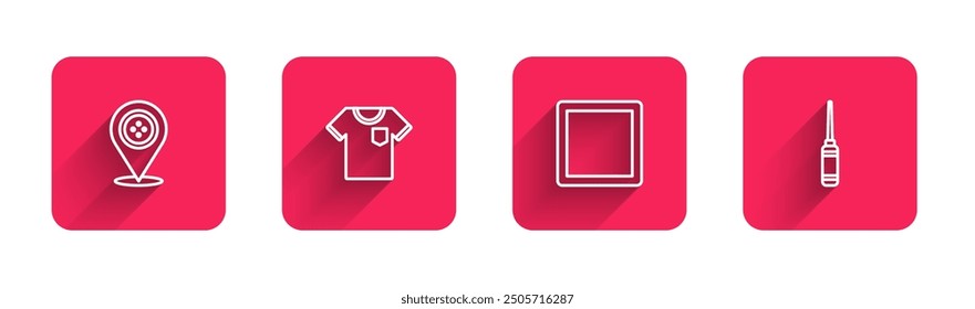 Set line Location tailor shop, T-shirt, Sewing Pattern and Awl tool with long shadow. Red square button. Vector