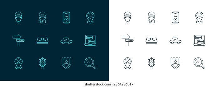 Set line Location taxi car, Traffic light, Taxi, Life insurance with shield, roof, mobile app, driver and service rating icon. Vector