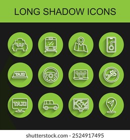 Establecer la Locación de línea con taxi, coche, coche de taxi, mapa de dispositivo Gps, volante, no fumar y el ícono de servicio de llamada del ordenador portátil. Vector