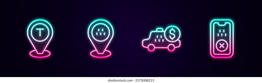 Set line Location taxi car, Taximeter device and mobile app. Glowing neon icon. Vector