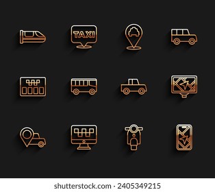 Set line Location with taxi, Computer call service, High-speed train, Scooter, City map navigation, Bus, Gps device and Car icon. Vector