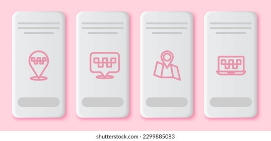 Set line Location with taxi, , Folded map location and Laptop call service. White rectangle button. Vector