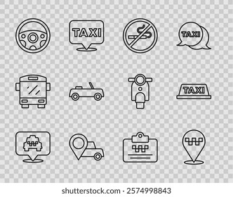 Set line Location with taxi, No Smoking, Steering wheel, Car, Taxi driver license and car roof icon. Vector