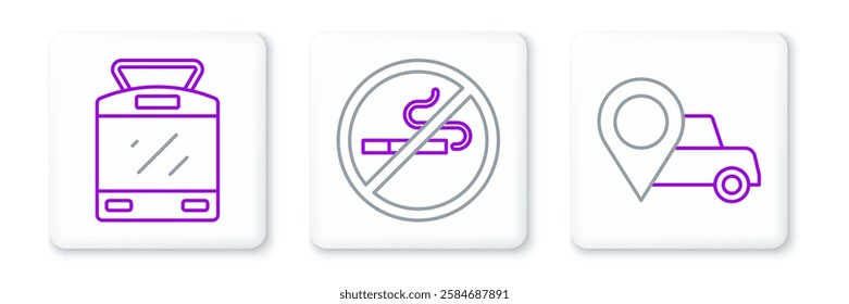 Set line Location with taxi, Tram and railway and No Smoking icon. Vector