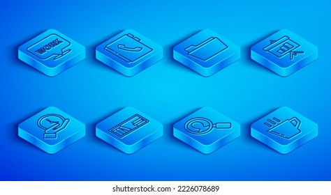 Set line Location with text work, Address book, Document folder, Shelf books, Magnifying glass for search people, Chalkboard diagram, Clock and Coffee cup icon. Vector