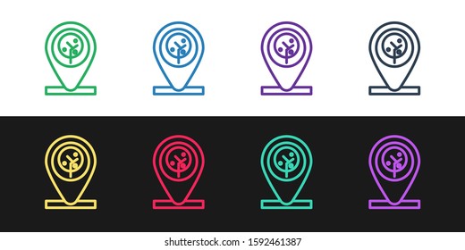 Set line Location and tree icon isolated on black and white background.  Vector Illustration