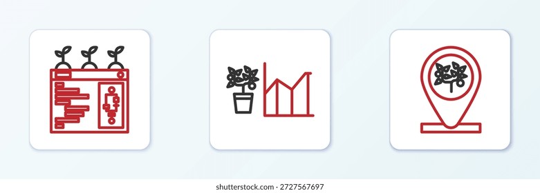 Establecer la línea de Locación y árbol, tecnología de agricultura inteligente y el icono de estadísticas de flores. Vector