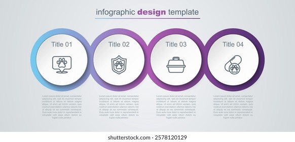 Set line Location veterinary, Animal health insurance, Pet carry case and Dog pill. Business infographic template. Vector