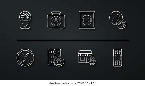 Línea Lugar veterinario, parásito de los gusanos, píldora de perro, hospital veterinario, kit de primeros auxilios para mascotas, yeso de mallas e ícono de comida en lata. Vector