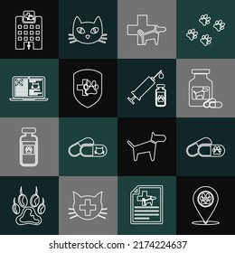 Set line Location veterinary, Dog and pills, medicine bottle, Veterinary clinic, Animal health insurance, Clinical record laptop, hospital and Syringe with pet vaccine icon. Vector