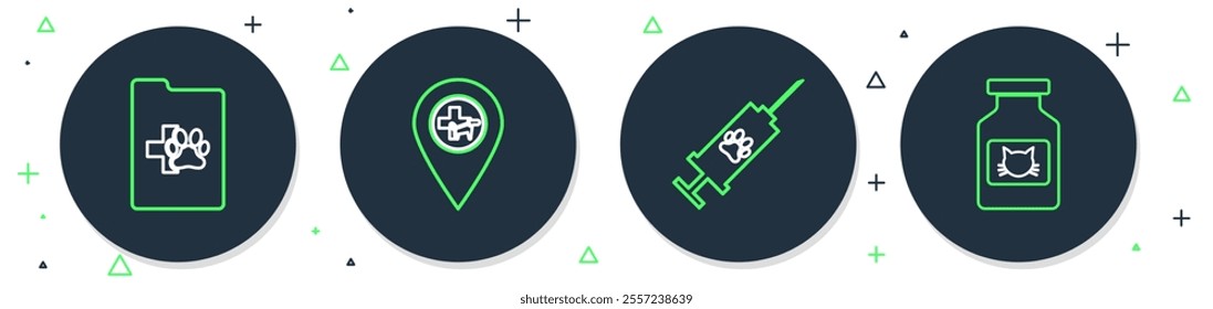 Set line Location veterinary, Syringe with pet vaccine, Clinical record and Cat medicine bottle icon. Vector