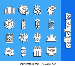 Set line Location Vip, Crown, Firework rocket, Birthday cake candles, Music note, tone, equalizer and Candy icon. Vector