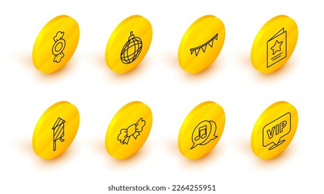 Set line Location Vip, Musical note in speech bubble, Bow tie, Firework rocket, Greeting card, Carnival garland with flags, Disco ball and Candy icon. Vector