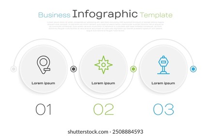 Fije la Locación de la línea, la rosa del viento y la señal de Stop. Plantilla de infografía de negocios. Vector