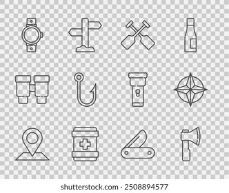 Set line Location, Wooden axe, Paddle, First aid kit, Smartwatch, Fishing hook, Swiss army knife and Wind rose icon. Vector