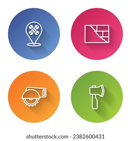Set line Location with wrench, Bricks, Electric circular saw and Wooden axe. Color circle button. Vector