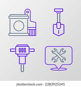 Set line Location with wrench, Construction jackhammer, Shovel and Paint bucket and brush icon. Vector